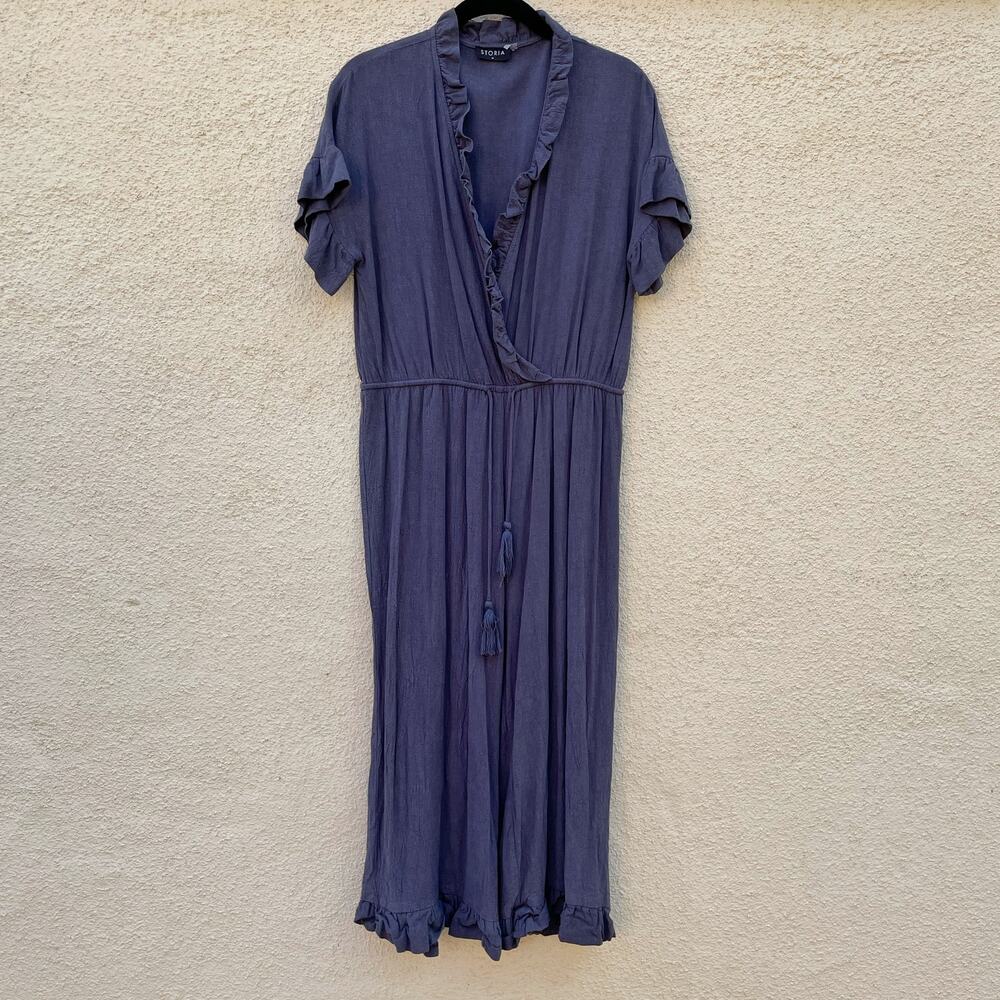 Storia Short Sleeve Ruffle Jumpsuit Grey Blue M